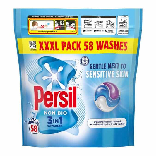 Persil 3 in 1 Non Bio washing capsules pack, 58 washes, gentle on sensitive skin, effective stain removal.