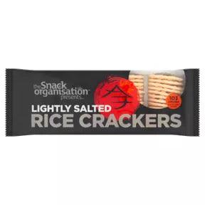 The Snack Organisation Lightly Salted Rice Crackers 100g packaging, gluten-free, low-fat, vegetarian-friendly snack.