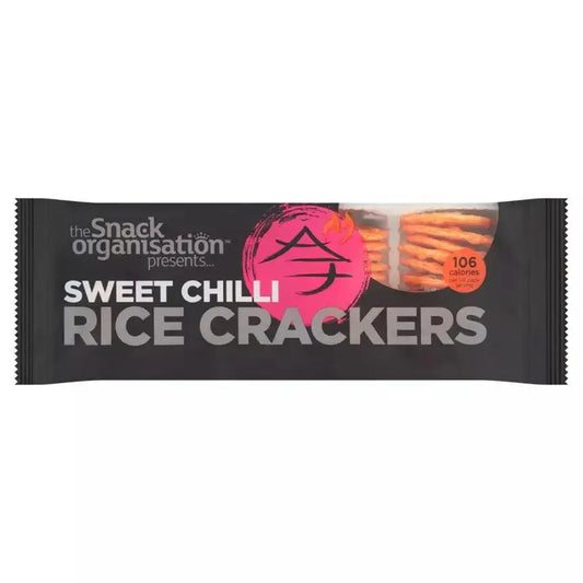 The Snack Organisation Sweet Chilli Rice Crackers packaging, gluten-free snack with 106 calories per serving, 100g.