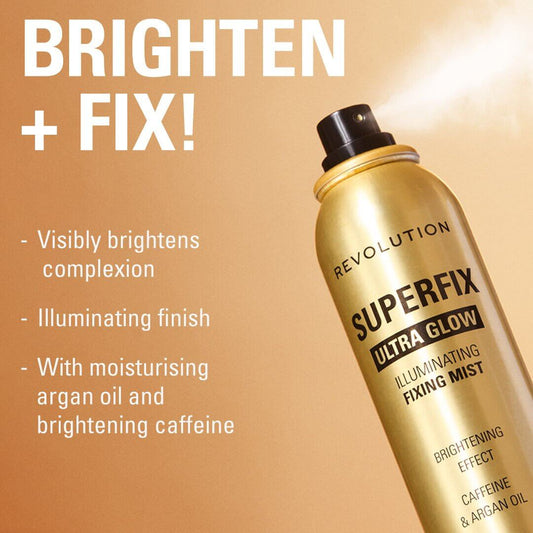 Revolution Superfix Ultra Glow Fixing Mist, brightening skin with illuminating finish and caffeine.