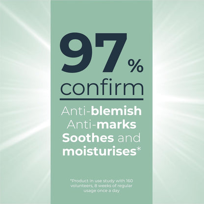 Eucerin Product packaging with text about anti-blemish, anti-marks, soothing, and moisturizing effects on a light green background.