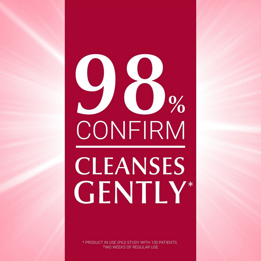 Eucerin Product label with '98% Confirm Cleanses Gently' text on a pink background