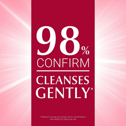 Eucerin Product label with '98% Confirm Cleanses Gently' text on a pink background