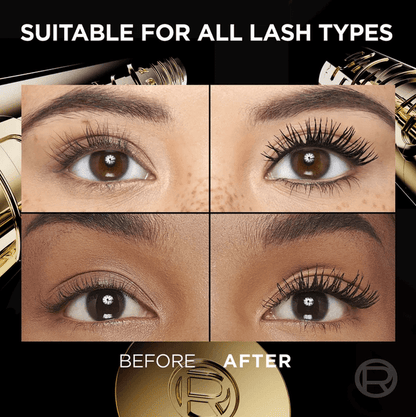 Before and after eyes showcasing L'Oreal Paris Volume Million Lashes Panorama Mascara, suitable for all lash types.