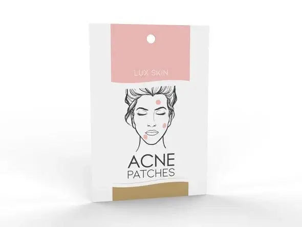 LUX SKIN® Acne Patches packaging featuring a woman with blemishes and product details on a white background.