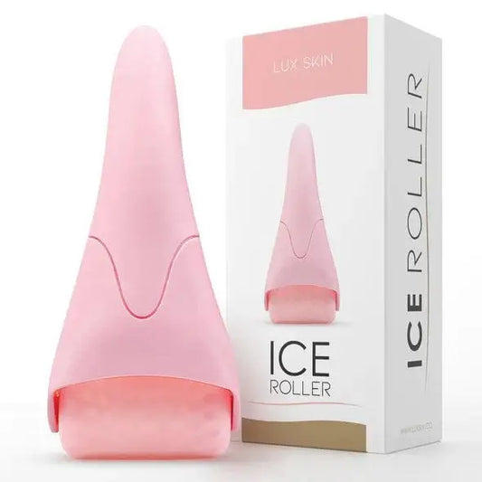 LUX SKIN® Ice Roller beauty tool for calming skin, reducing puffiness, and enhancing circulation, displayed in its packaging.