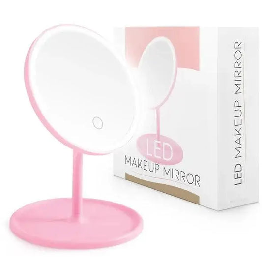 LUX SKIN® LED Mirror in pink with dimmable light, perfect for makeup and skincare routines.