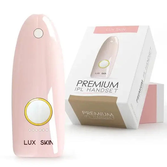 LUX SKIN® Premium IPL Handset for hair removal, featuring sleek design and packaging.