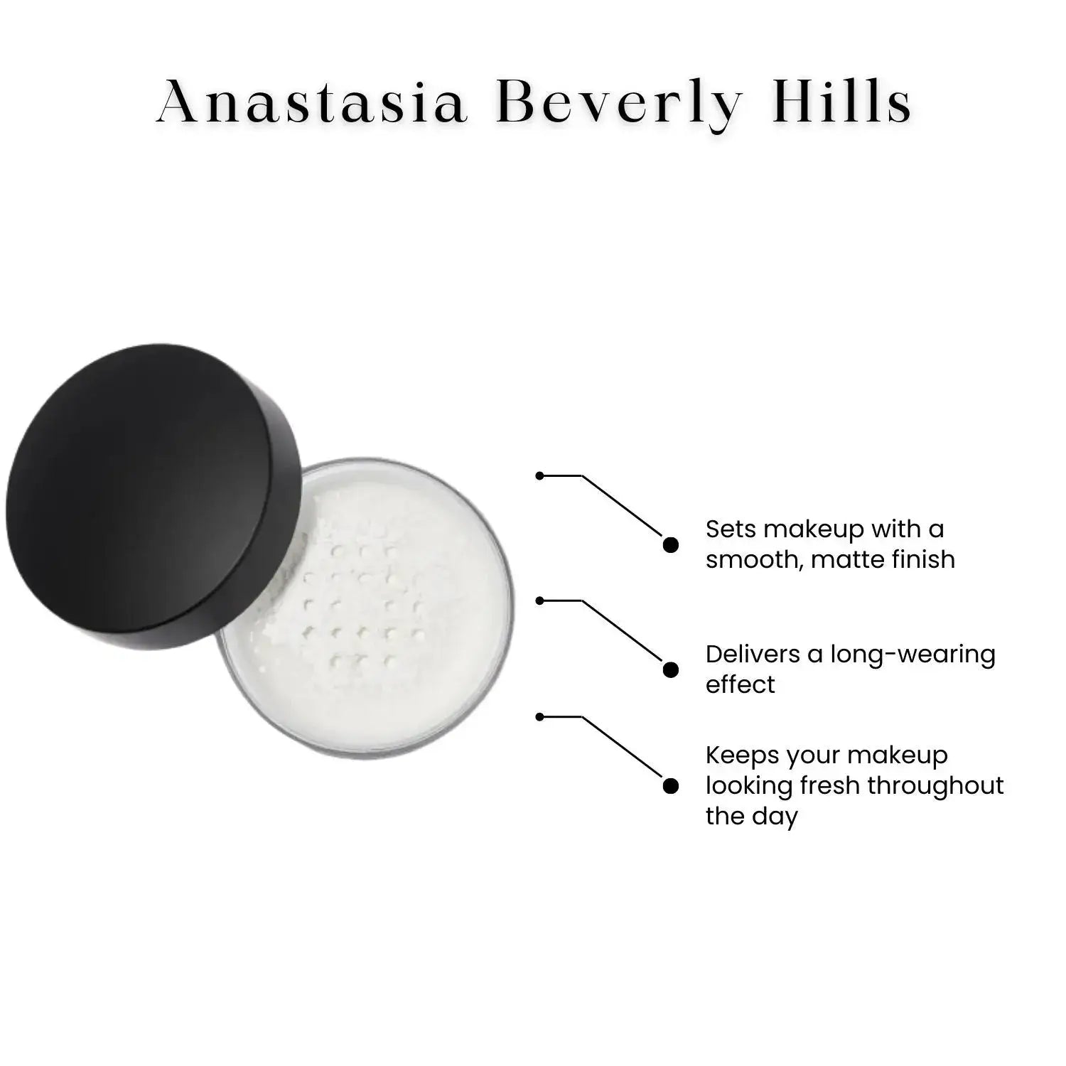 Anastasia Beverly Hills Loose Setting Powder, provides a smooth matte finish and long-lasting makeup wear.