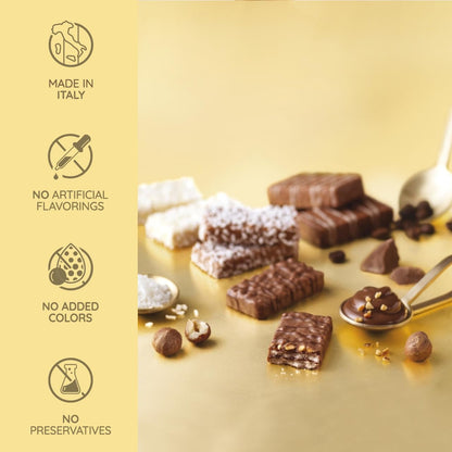 Loacker Patisserie Crème Noisette Wafer on a golden background, showcasing quality ingredients and no additives.