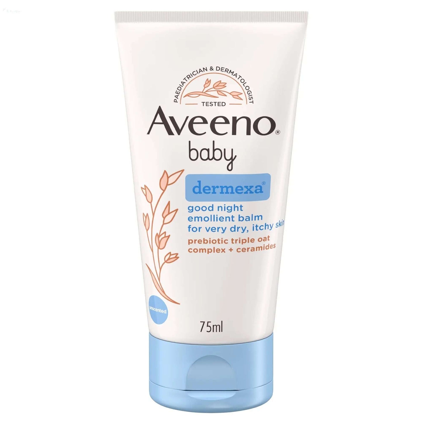 Aveeno Baby Dermexa Good Night Emollient Balm 75ml tube for very dry, itchy skin, formulated with prebiotic oat and ceramides.
