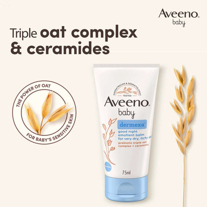 Aveeno Baby Dermexa Good Night Emollient Balm 75ml with triple oat complex and ceramides for sensitive baby skin
