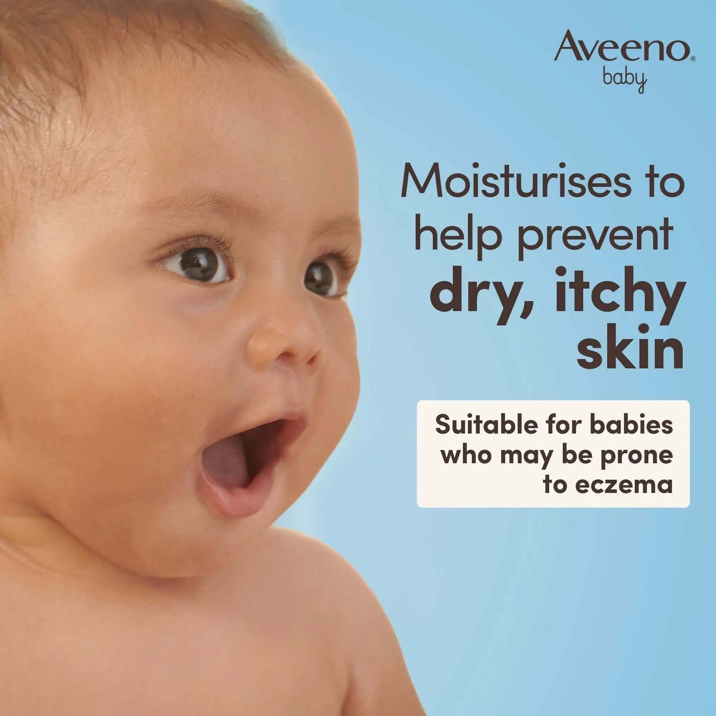 Aveeno Baby image promoting emollient balm for dry, itchy skin, suitable for babies prone to eczema.