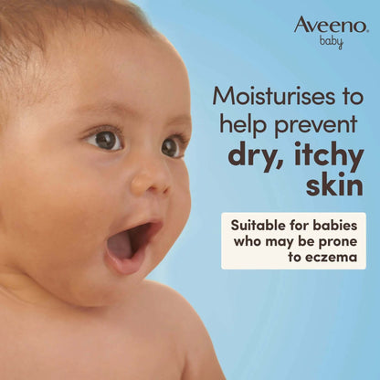 Aveeno Baby image promoting emollient balm for dry, itchy skin, suitable for babies prone to eczema.