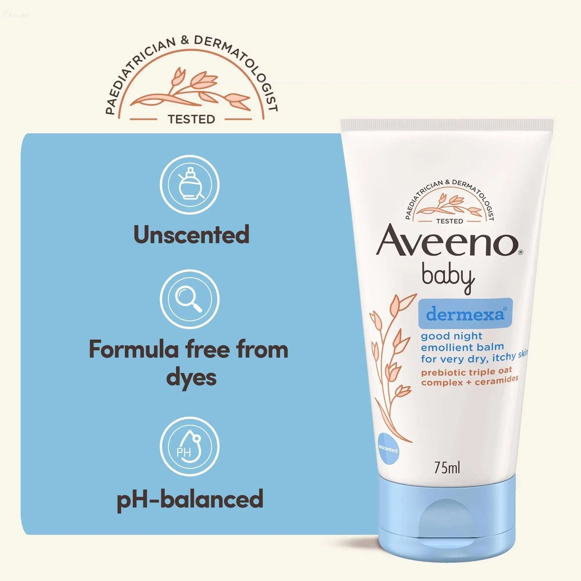 Aveeno Baby Dermexa Good Night Emollient Balm 75ml, unscented, dye-free formula, pH-balanced, pediatrician tested