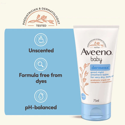 Aveeno Baby Dermexa Good Night Emollient Balm 75ml, unscented, dye-free formula, pH-balanced, pediatrician tested