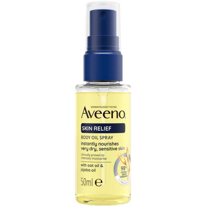 Aveeno Skin Relief Body Oil Spray on a white background