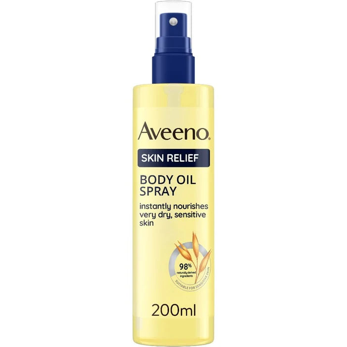 Aveeno Skin Relief Body Oil Spray bottle on a white background