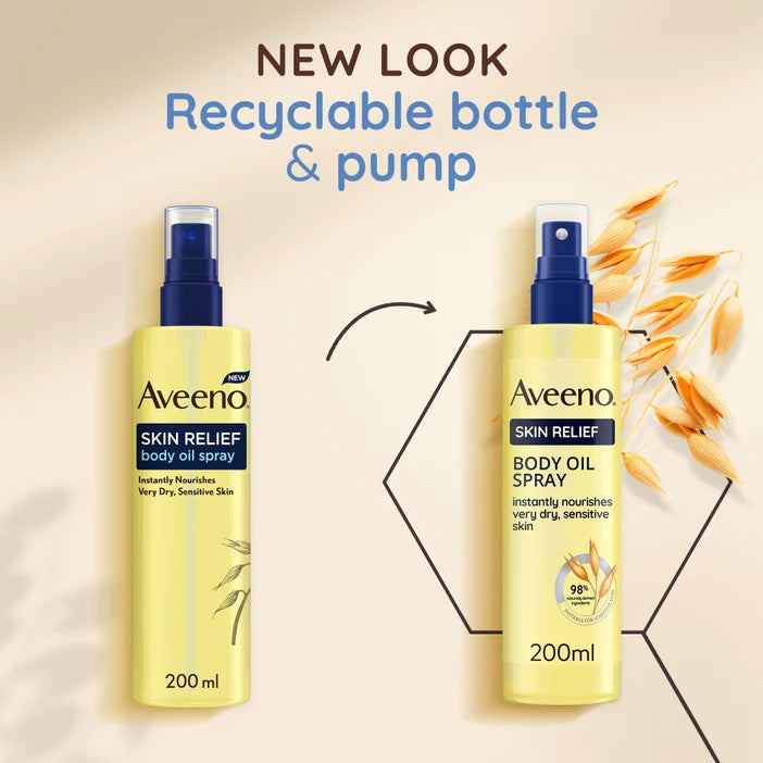 Two bottles of Aveeno Skin Relief body oil spray with text highlighting new look and recyclable bottle & pump.