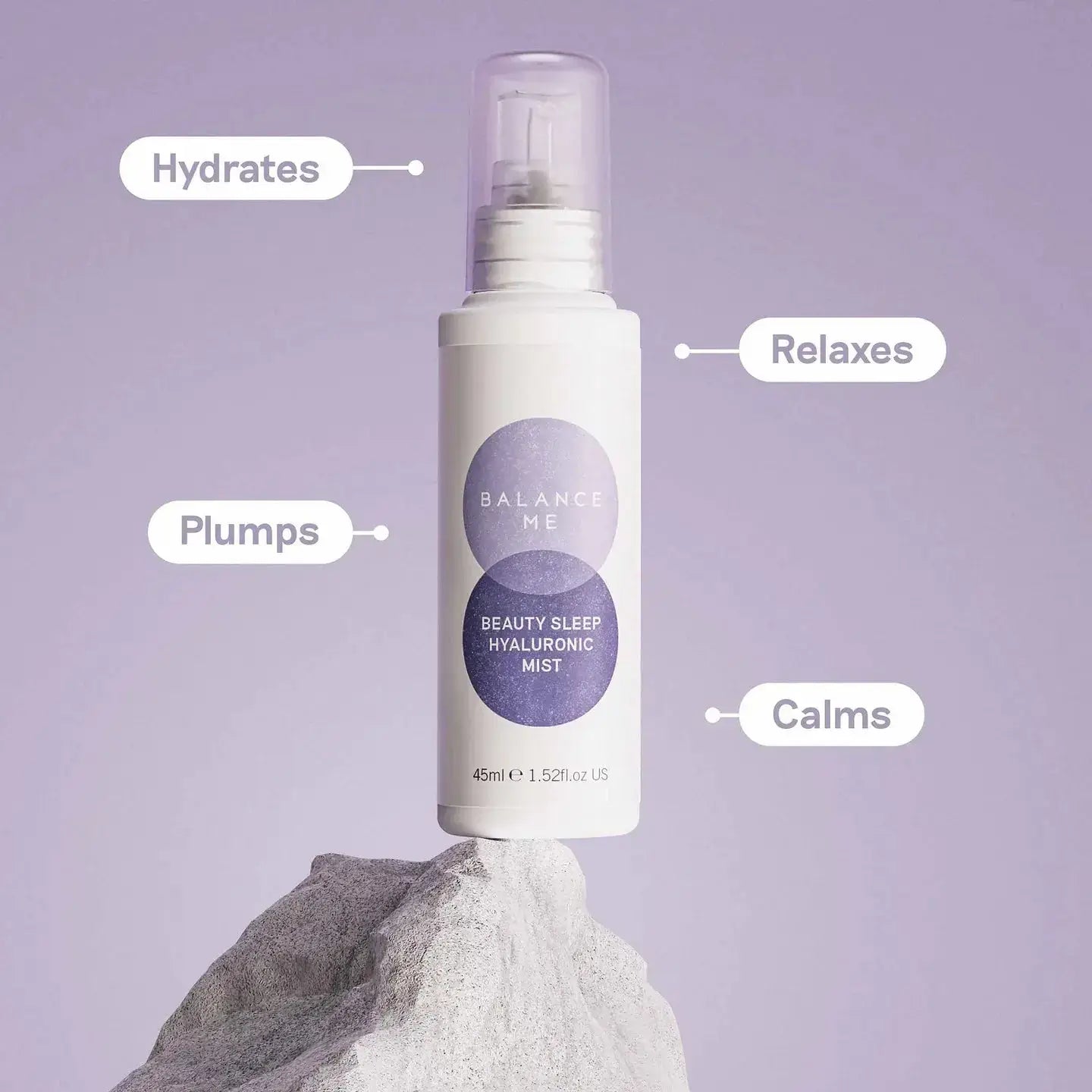 BALANCE ME Beauty Sleep Hyaluronic Mist 45ml bottle on rock background, promoting hydration, relaxation, and skin plumping.