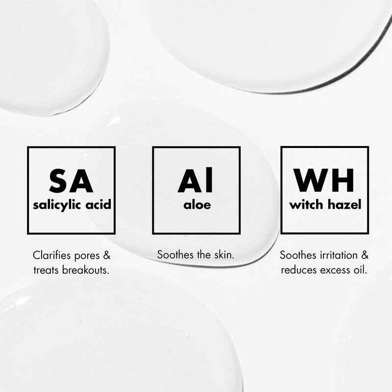 Infographic features key blemish-fighting ingredients: Salicylic Acid, Aloe, and Witch Hazel for clearer skin.