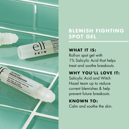 e.l.f Blemish Breakthrough Fighting Spot Gel on a mint green background, highlighting its acne-fighting ingredients.