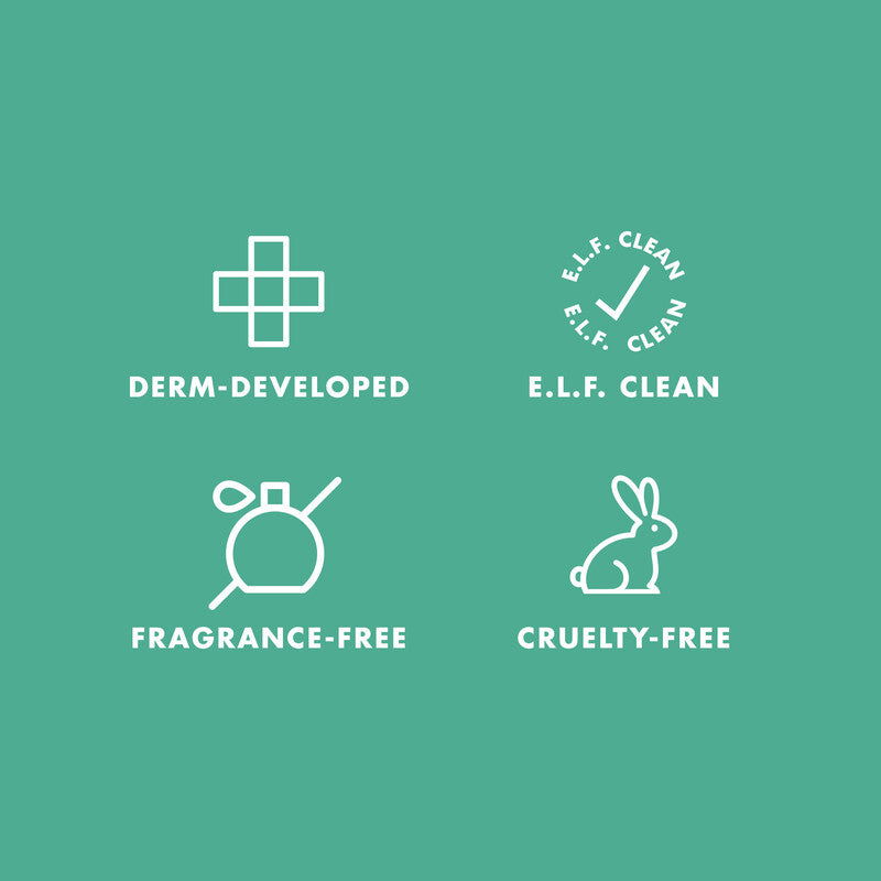 Icons showing derm-developed, fragrance-free, cruelty-free, and E.L.F. Clean certifications.