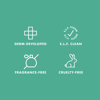 Icons showing derm-developed, fragrance-free, cruelty-free, and E.L.F. Clean certifications.