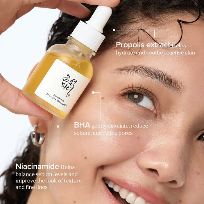 Woman applying skincare serum with text highlighting benefits on a white background