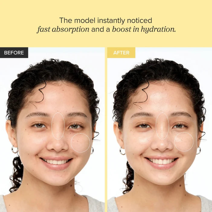 Before and after comparison of a woman's face with text about product absorption and hydration.