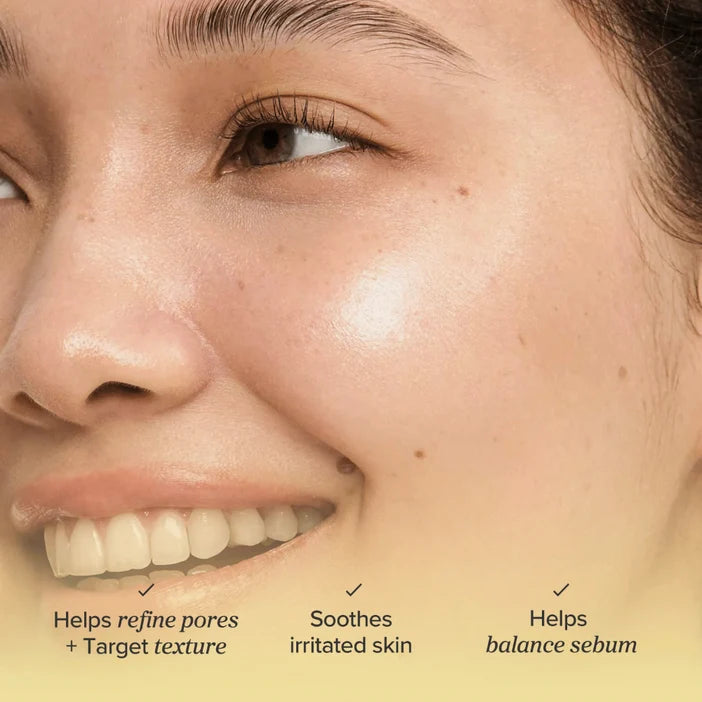 Close-up of a person's face with text highlighting skincare benefits
