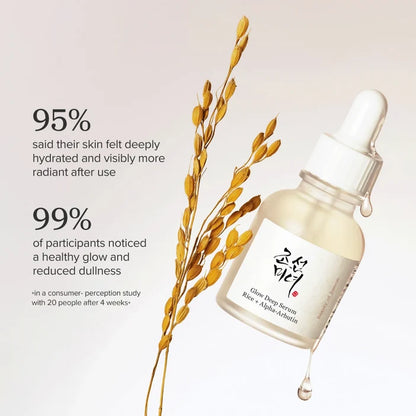 A bottle of Glow Deep Serum with a white dropper cap and Korean text label, shown beside golden rice stalks on a soft beige background. Text on the left reads '95% said their skin felt deeply hydrated and visibly more radiant after use' and '99% of participants noticed a healthy glow and reduced dullness.