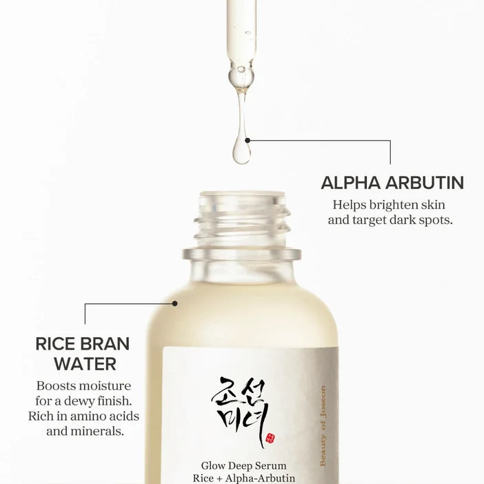 Glow Deep Serum bottle with dropper and text about ingredients on a white background