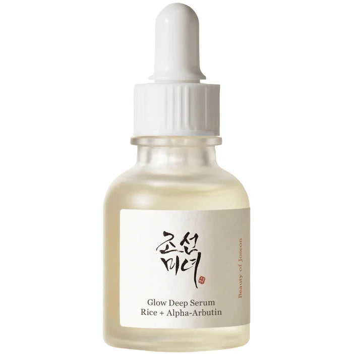 A bottle of Beauty of Joseon Glow Deep Serum Rice + Alpha-Arbitin with a white dropper cap and a minimalist white label featuring black Korean calligraphy and English text, set against a plain white background.