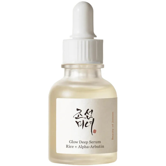 A bottle of Beauty of Joseon Glow Deep Serum Rice + Alpha-Arbitin with a white dropper cap and a minimalist white label featuring black Korean calligraphy and English text, set against a plain white background.