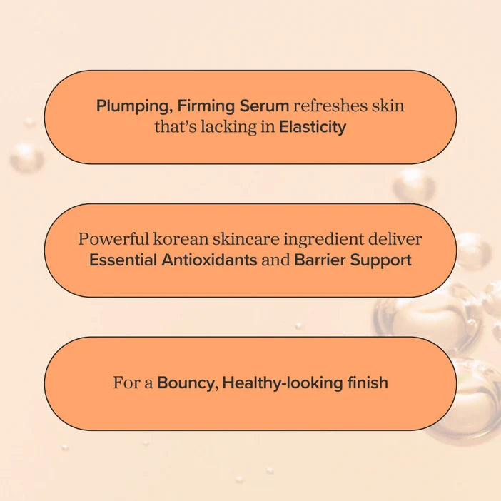 Three peach-colored rounded text boxes on a pale beige background with soft pearl-like bubbles. The text reads: 'Plumping, Firming Serum refreshes skin that's lacking in Elasticity', 'Powerful Korean skincare ingredient deliver Essential Antioxidants and Barrier Support', and 'For a Bouncy, Healthy-looking finish'.