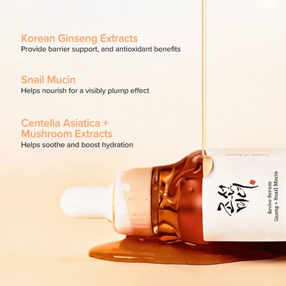 Korean skincare serum with text about ingredients on a beige background