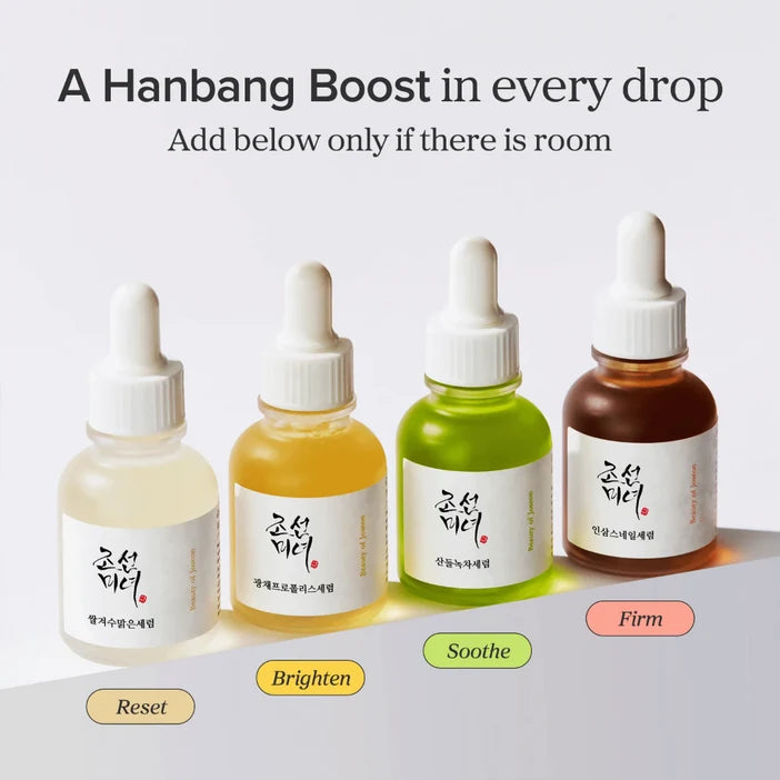 Four dropper bottles with different colored liquids on a light gray background, labeled for functions like 'Soothe', 'Brighten', and 'Firm'.