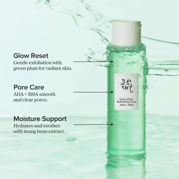 A clear bottle of Green Plum Refreshing Toner filled with pale green liquid stands in water with splash effects. White text on the left lists benefits: Glow Reset, Pore Care, and Moisture Support.