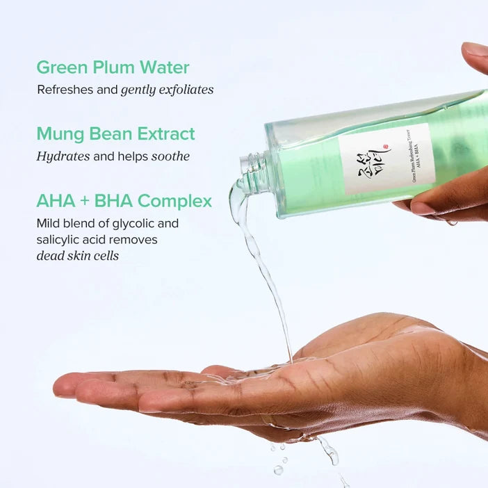 Bottle of green plum water being poured onto a hand with text about its benefits.