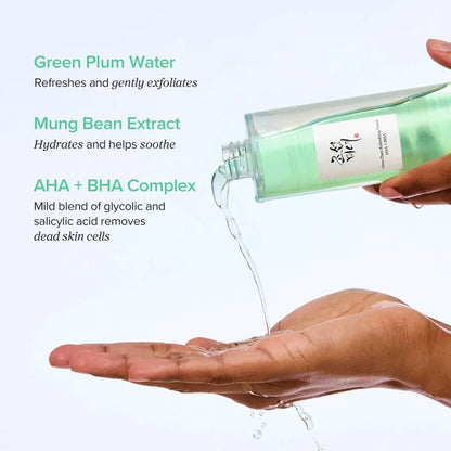 Bottle of green plum water being poured onto a hand with text about its benefits.