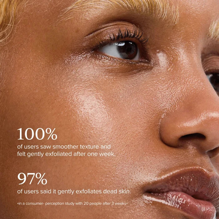 Close-up of a person's face with text about skin texture and exfoliation benefits.