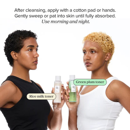 Two women holding rice milk and green plum toners with text on how to use them.