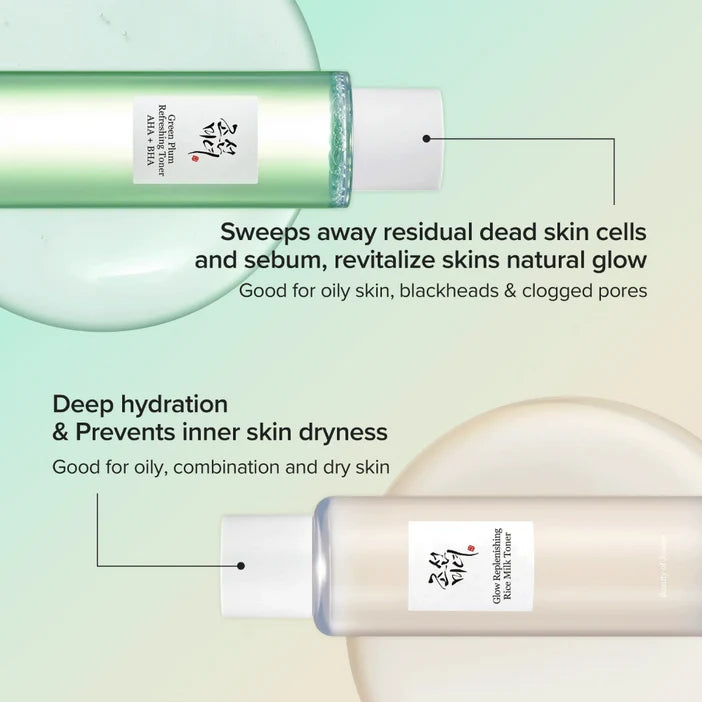 Two cosmetic bottles shown on a soft pastel gradient background with descriptive text. The top bottle is pale mint green and the bottom bottle is warm cream/beige, both with white caps and white labels featuring black and red Korean text and small English text including 'Gua Jiepingmu Facial Cleansing Emulsion'.