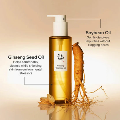 Bottle of Ginseng Seed Oil with a root on a beige background