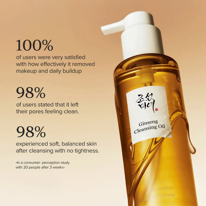 Bottle of Ginseng Cleansing Oil with user satisfaction statistics on a beige background