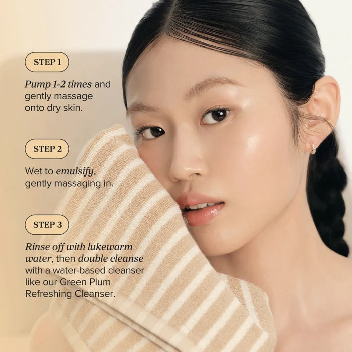 Woman using a facial cleansing pad with step-by-step instructions on a beige background