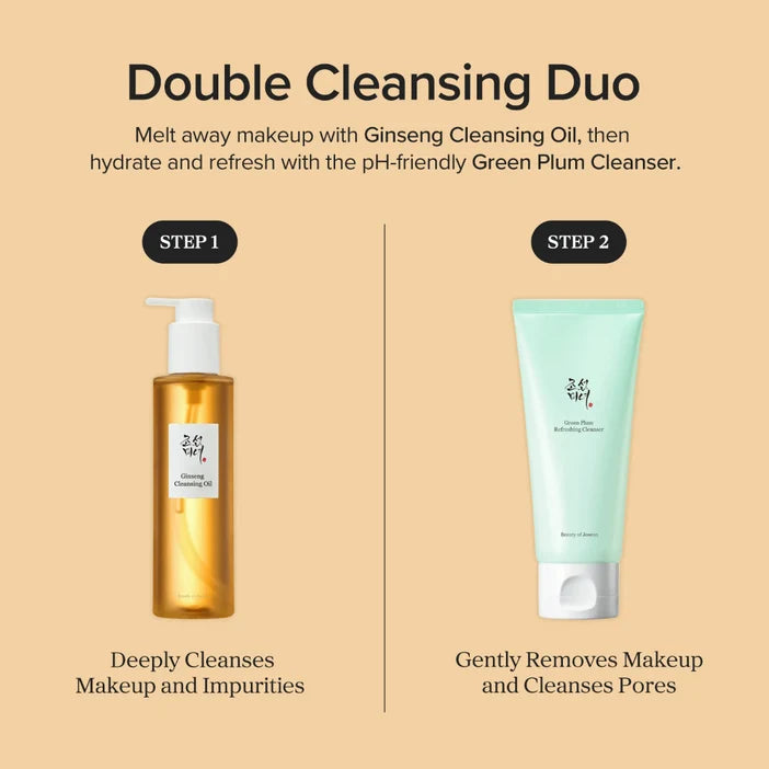 Double Cleansing Duo with Ginseng Cleansing Oil and Green Plum Cleanser on a beige background