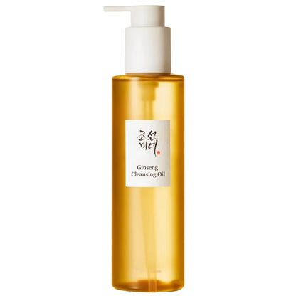 A bottle of Ginseng Cleansing Oil with a white pump dispenser and a white label featuring Korean script and the English text 'Ginseng Cleansing Oil'. The bottle is made of translucent amber-colored plastic, showing the golden oil inside.