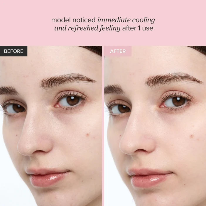 Before and after comparison of a person's face with text indicating immediate cooling and refreshed feeling.